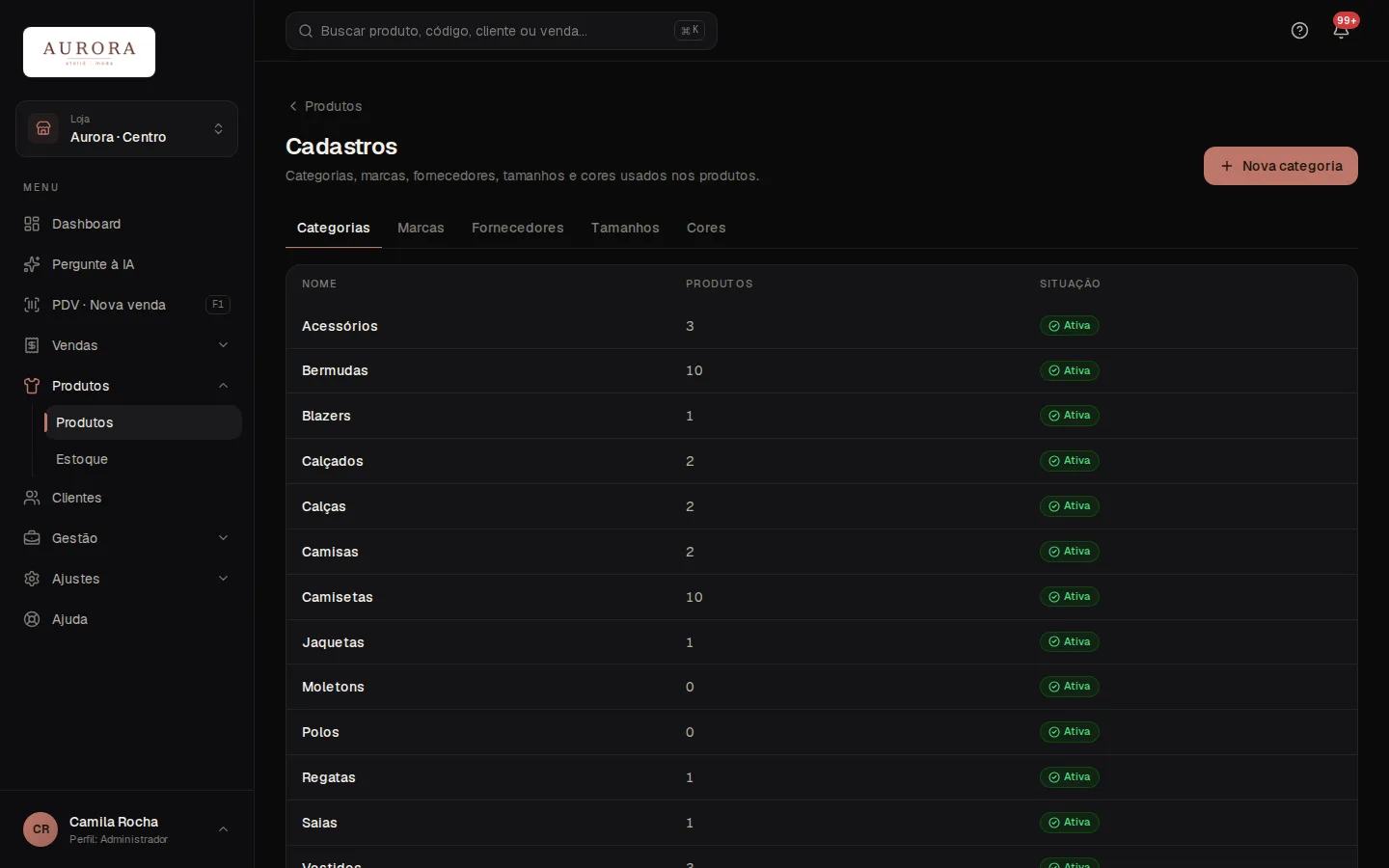 Tela: Produtos › Produtos › Cadastros
