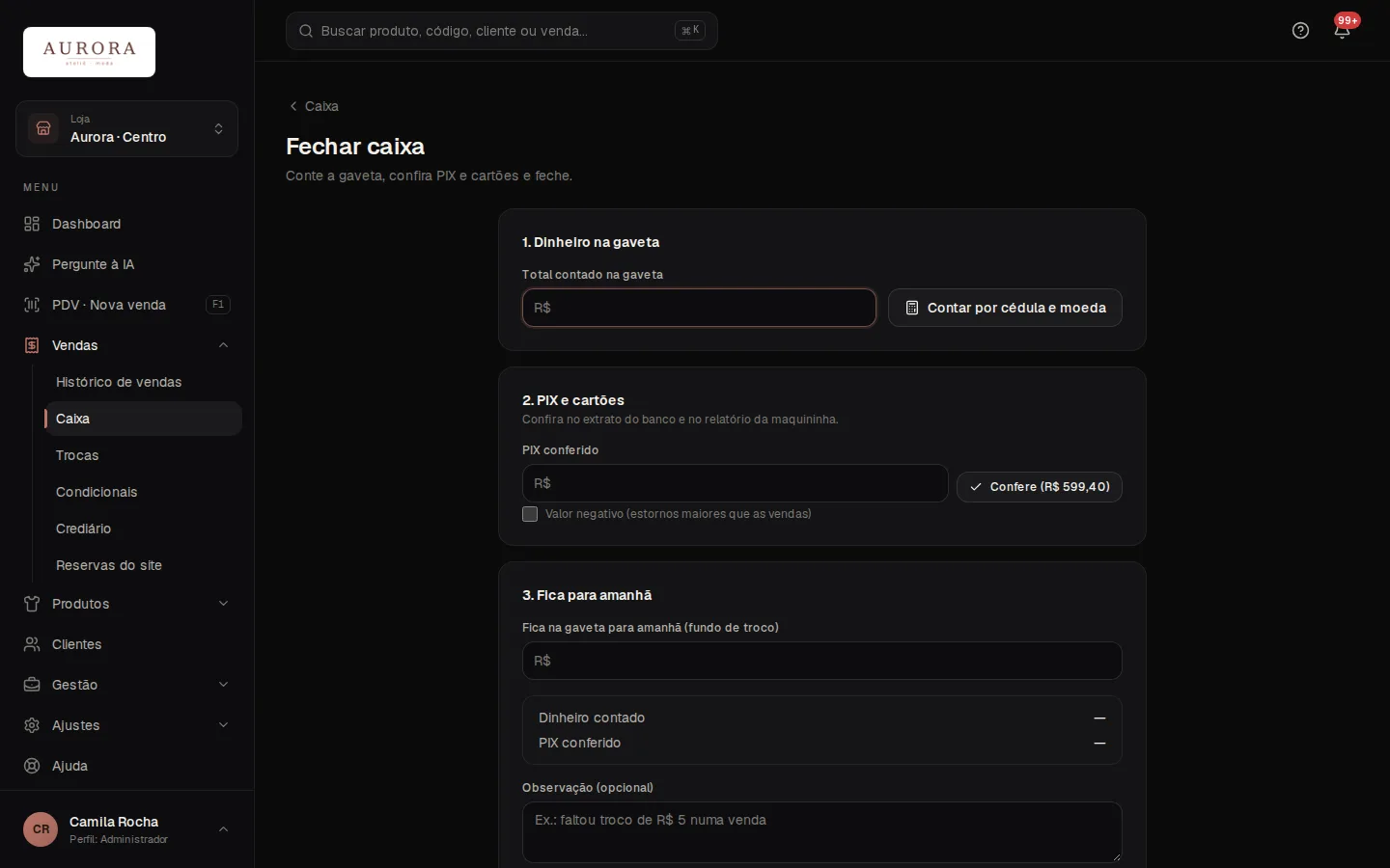 Tela: Vendas › Caixa › Fechar caixa