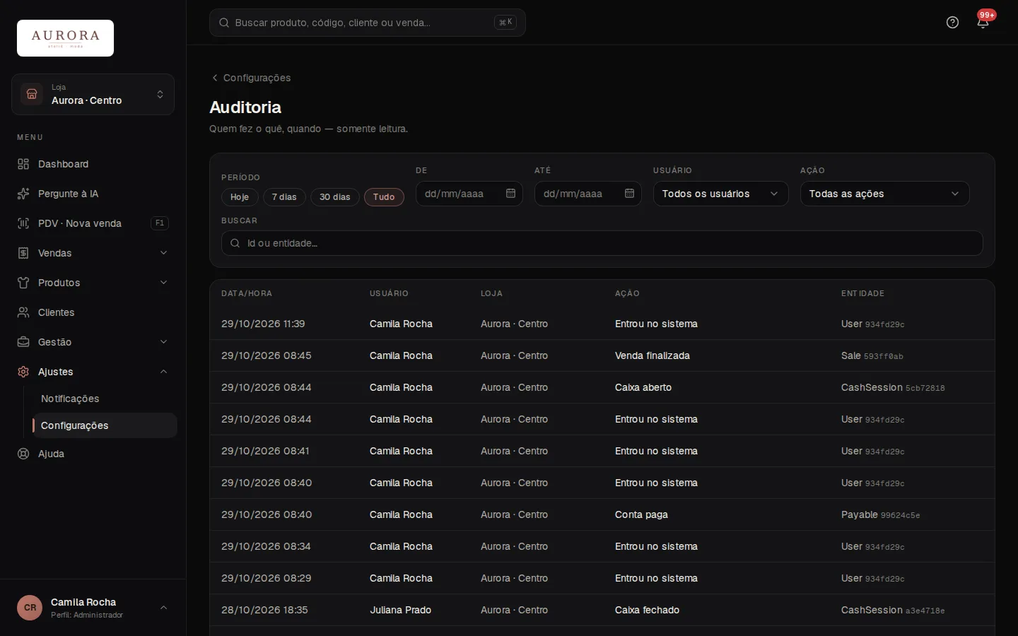Tela: Ajustes › Configurações › Auditoria