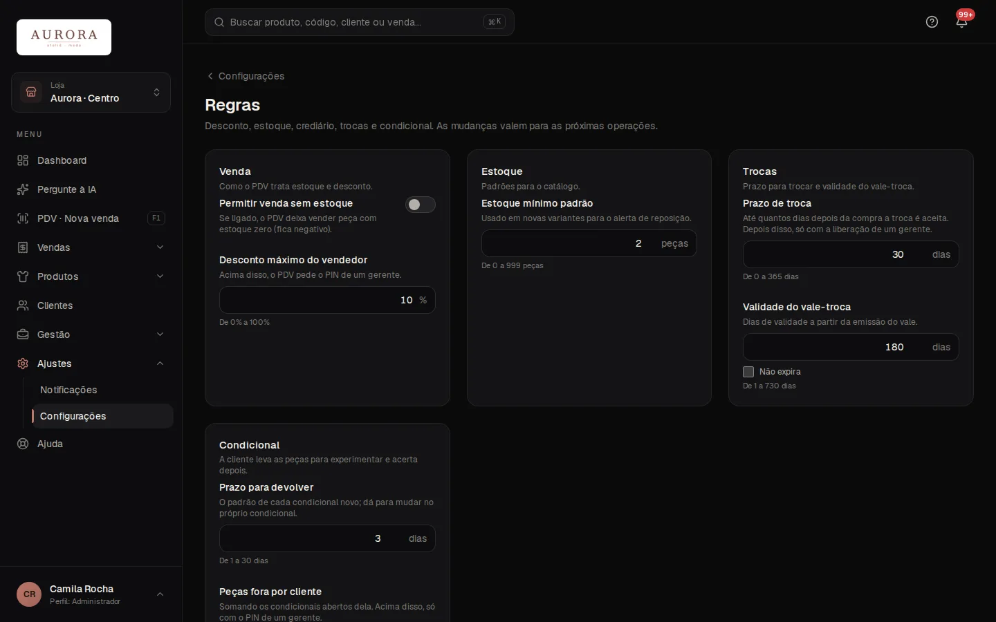Tela: Ajustes › Configurações › Regras