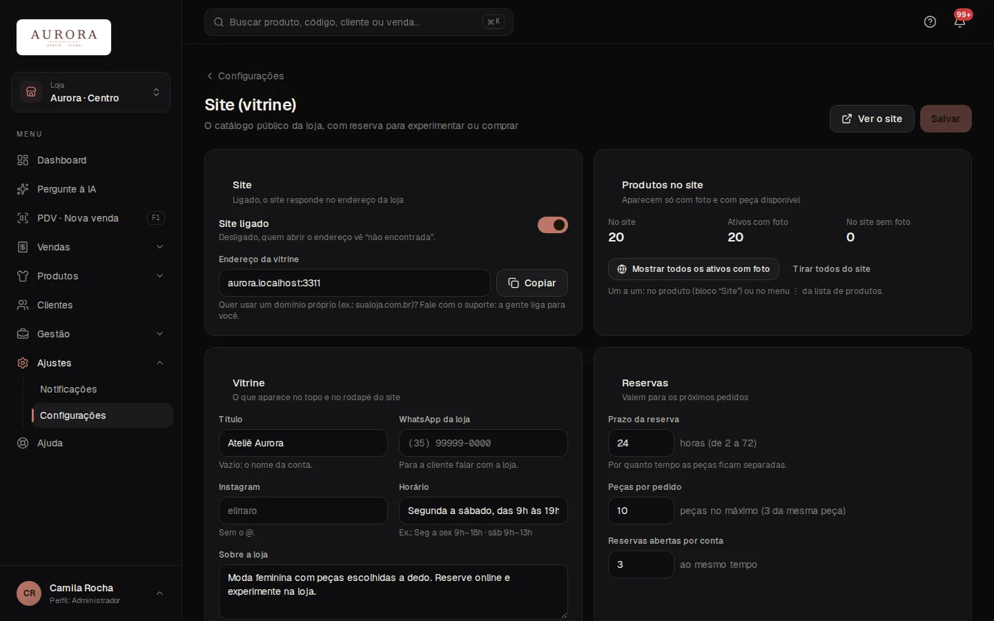 Tela: Ajustes › Configurações › Site (vitrine)