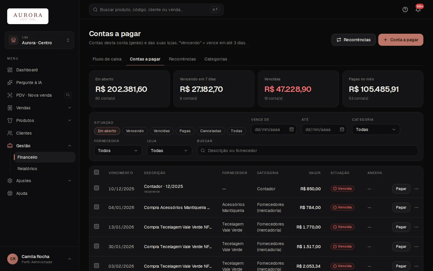 Tela: Gestão › Financeiro › Contas a pagar