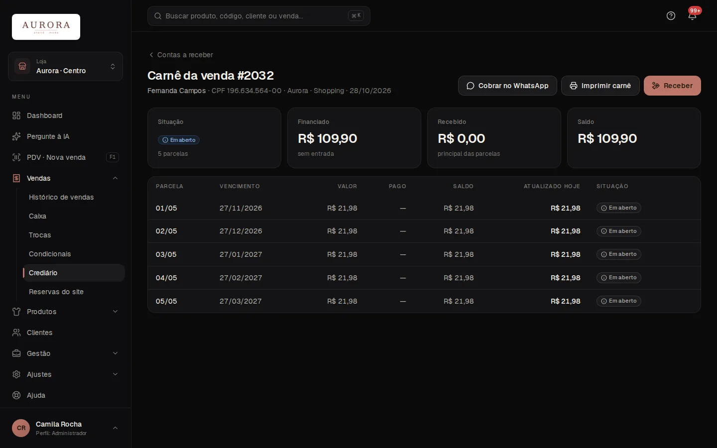 Tela: Vendas › Crediário › Imprimir carnê