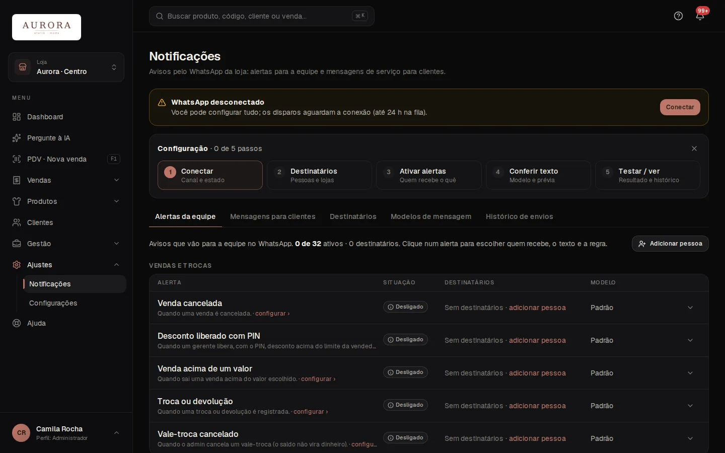 Tela: Ajustes › Notificações › Destinatários