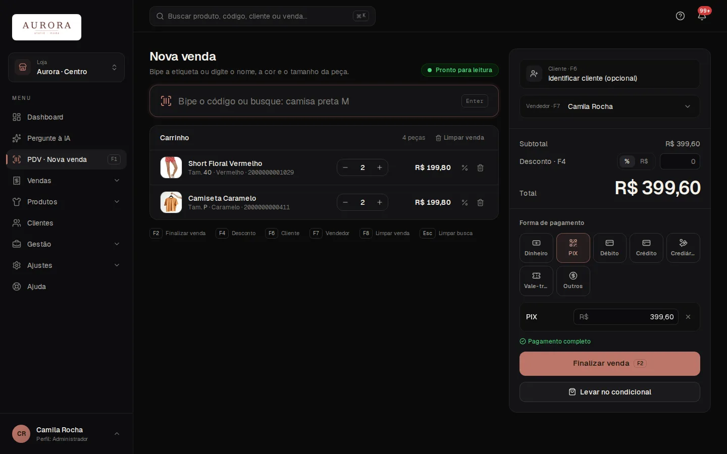 Tela: PDV · Nova venda › Forma de pagamento