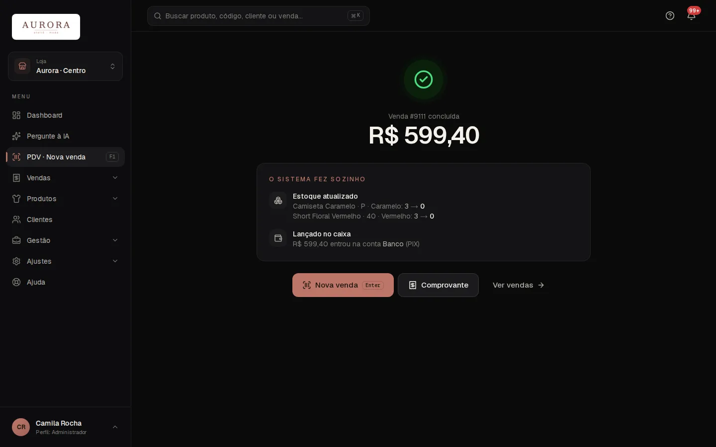 Tela: PDV · Nova venda › Venda concluída › Comprovante