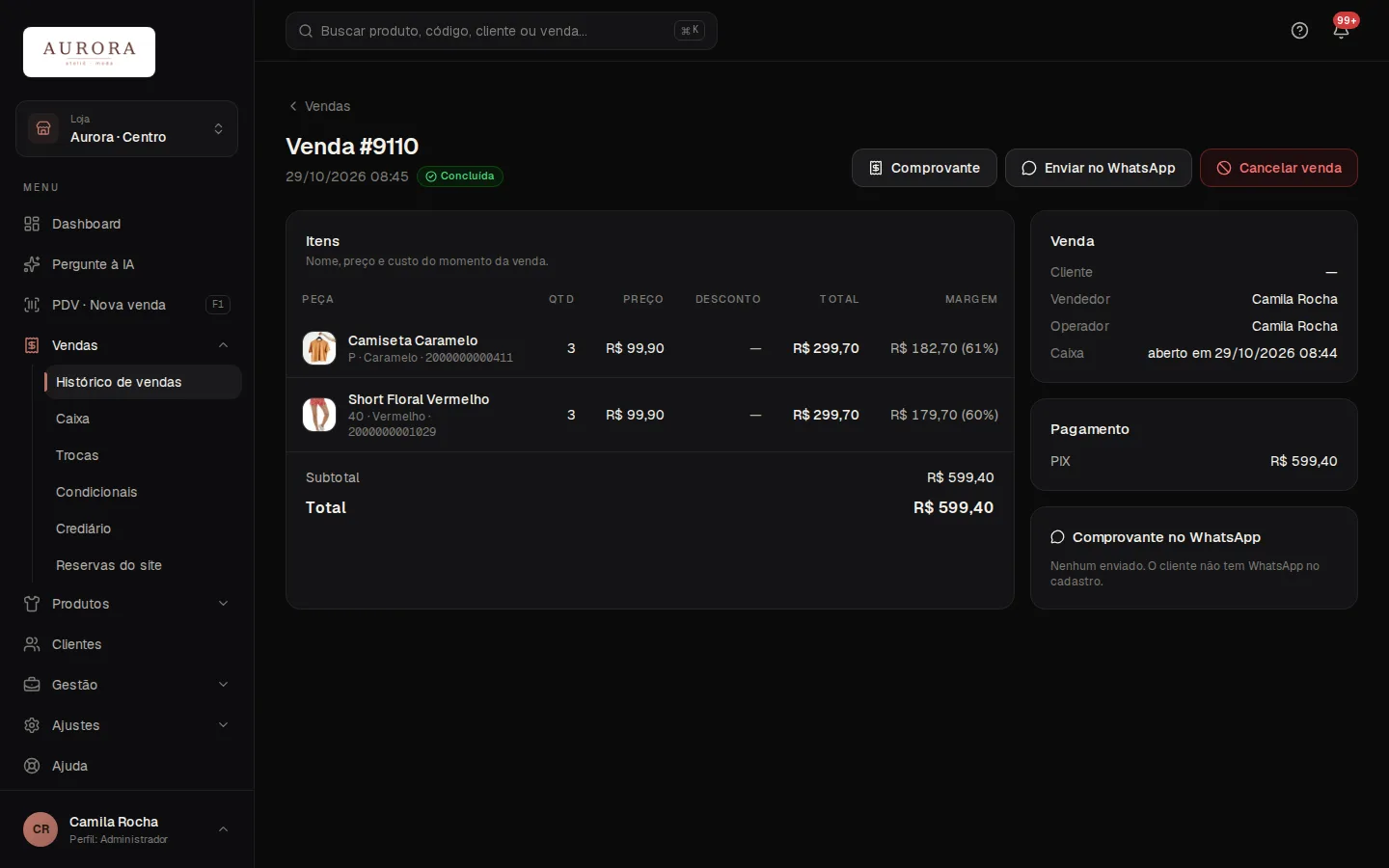 Tela: Vendas › Histórico de vendas › Cancelar venda