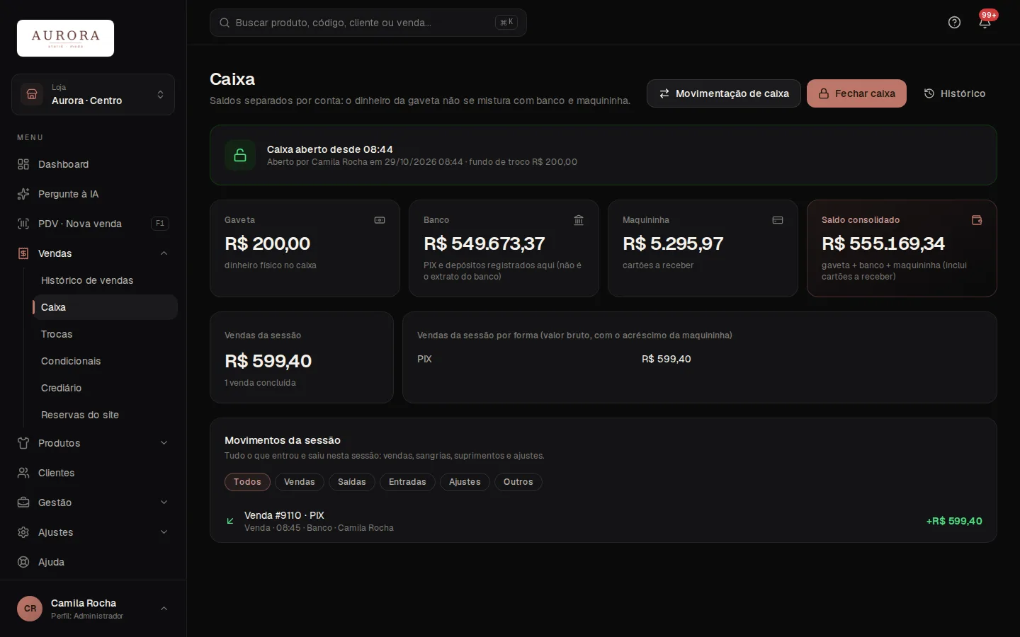 Tela do caixa com saldos separados e vendas da sessão por forma de pagamento
