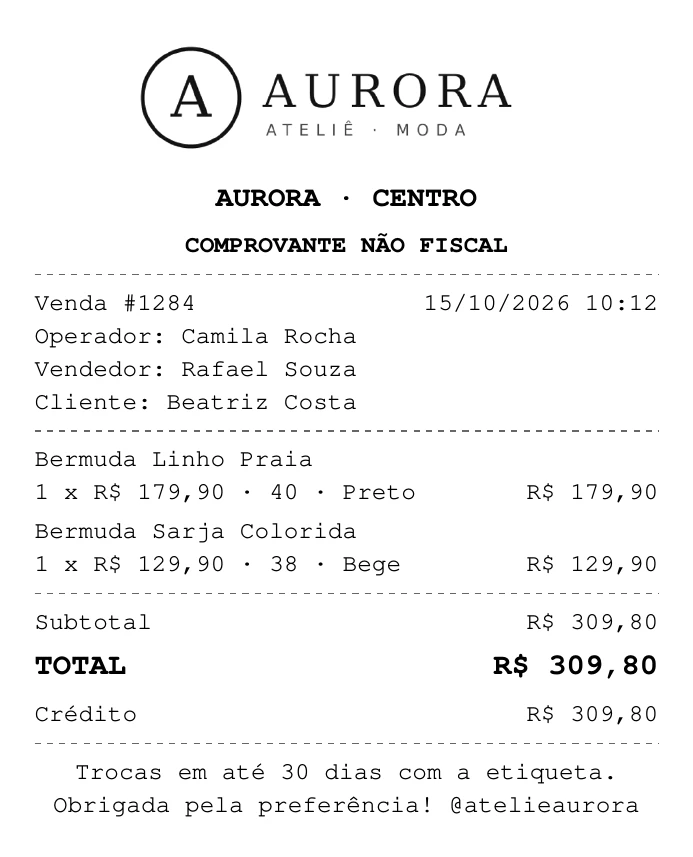 Comprovante não fiscal em bobina de 80 milímetros com a logo da loja