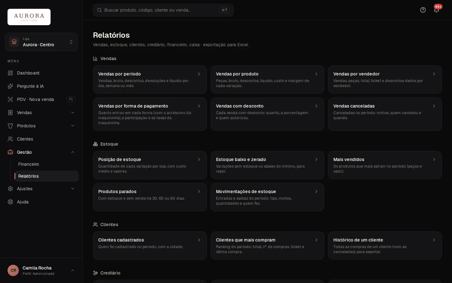 Lista de relatórios agrupados por assunto